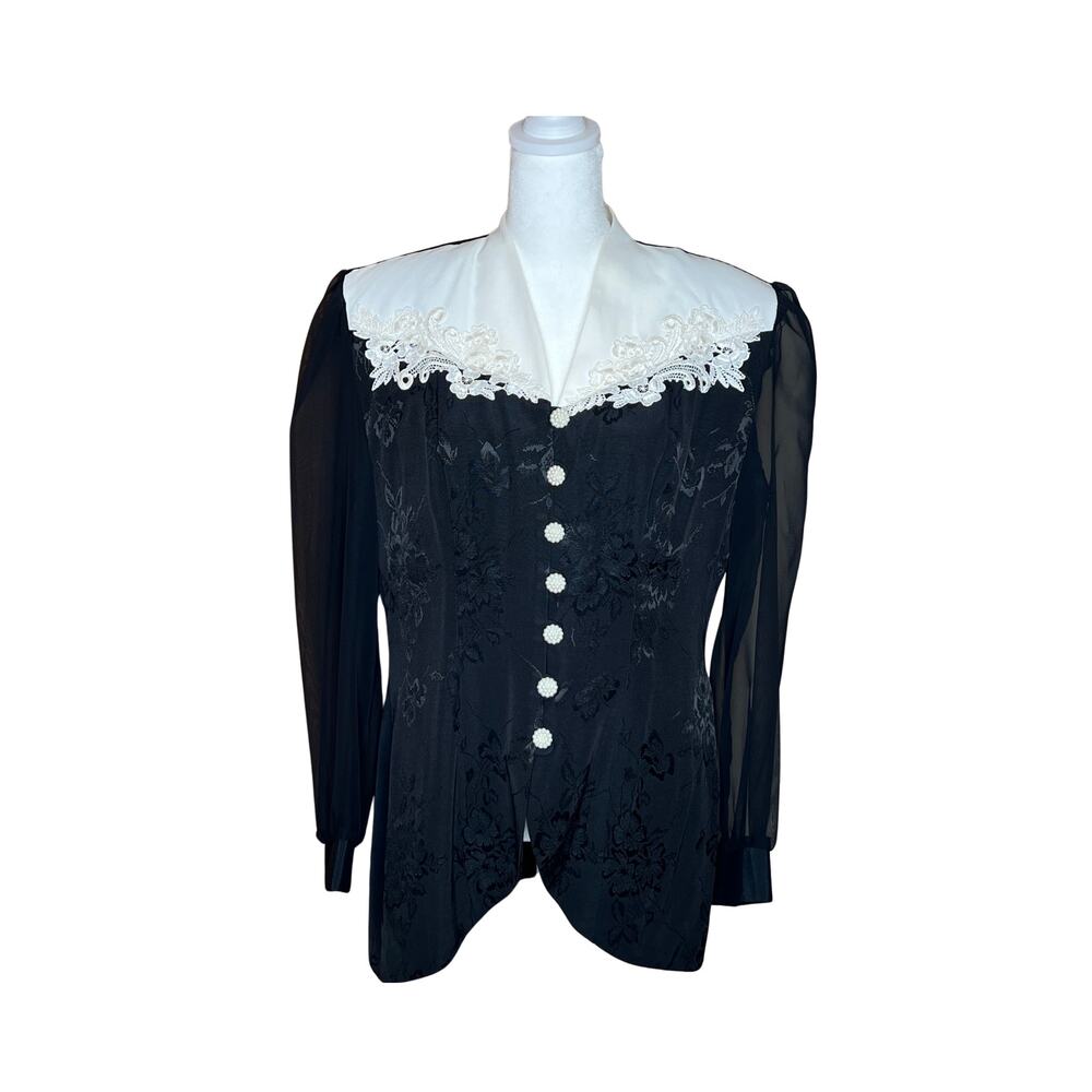 Vtg 80s Womens Blouse 12 Black Sheer Pearl Buttons Goth Victorian Royal Witchy